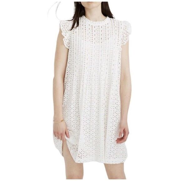 MADEWELL Womens Eyelet Ruffle-Sleeve Mini Dress NWOT Ivory Cotton AN137 Size XS - Picture 1 of 12